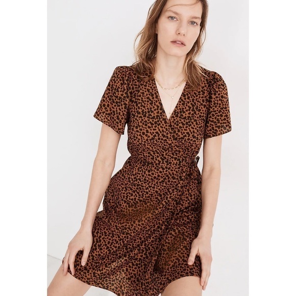 Madewell Flutter-Sleeve Wrap Mini Dress in Painted Leopard - Picture 1 of 11